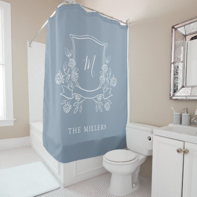 Cortina De Ducha Elegante Escudo floral | Monograma azul turbio (In situ)