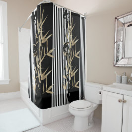 Cortina De Ducha Elegante estilo asiático negro blanco raya oro bam