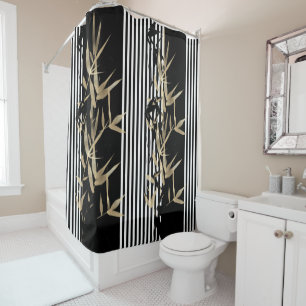Cortina De Ducha Elegante estilo asiático negro blanco raya oro bam