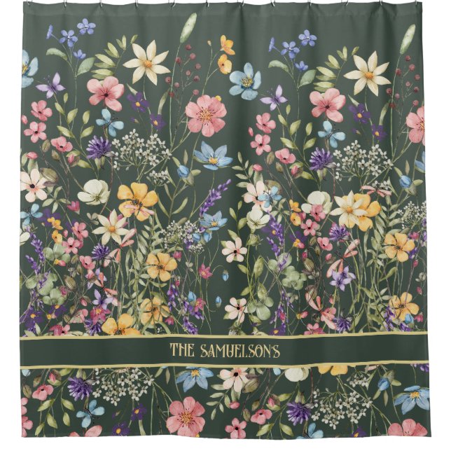 Cortina De Ducha Elegante flora botánica en verde sabio (Anverso)