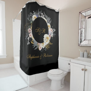 Cortina De Ducha Elegante Floral De Oro Sobre Monograma Negro Boda