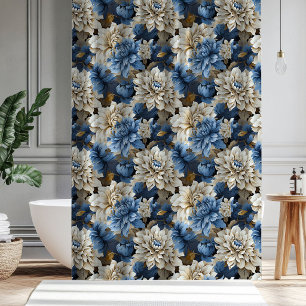 Cortina de ducha elegante floral marfil azul chic