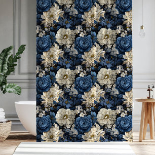 Cortina de ducha elegante floral marfil azul diseñ