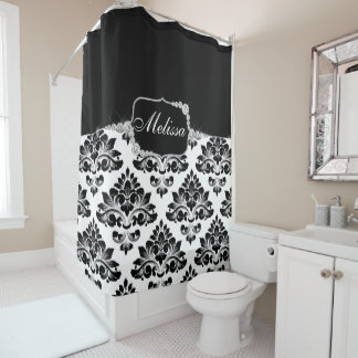 Cortina De Ducha Elegante Glam Black Damask Diamantes