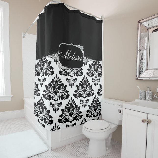 Cortina De Ducha Elegante Glam Black Damask Diamantes (In situ)