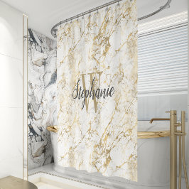 Cortina De Ducha Elegante guión de monograma de mármol blanco dorad