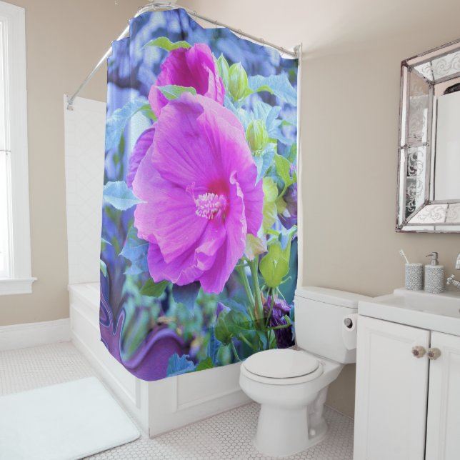 Cortina De Ducha Elegante Hibiscus rosa con oliage azul ondulado (In situ)