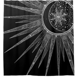 Cortina De Ducha Elegante luna de sol plateado Mandala Diseño negr