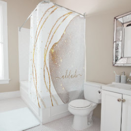 Cortina De Ducha Elegante Monograma blanco de oro Nombre de guión d