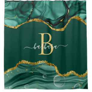 Cortina De Ducha Elegante Monograma de Ágata Verde Esmeralda en Oro