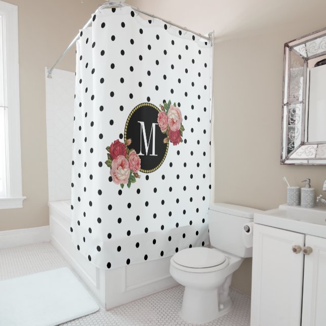 Cortina De Ducha Elegante Monograma Floral Antiguo con puntos blanc (In situ)