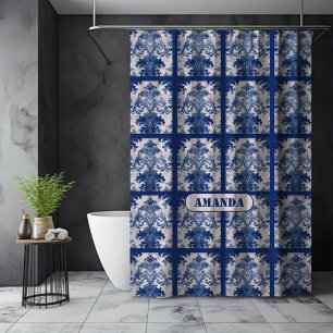 Cortina De Ducha Elegante monograma floral de damasco azul vintage 