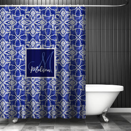 Cortina De Ducha Elegante Monograma Inicial Azul Gris Geométrico