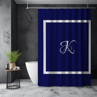 Cortina De Ducha Elegante Monograma Inicial Clásico Gris Azul
