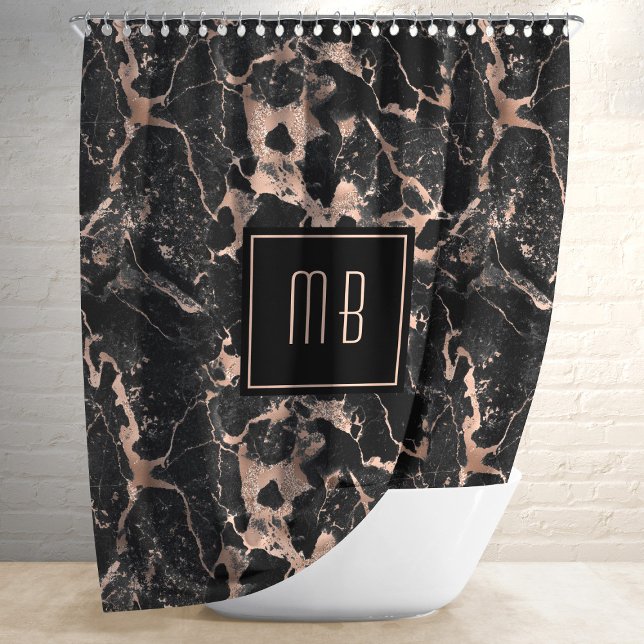 Cortina De Ducha Elegante Monograma Mármol Negro (Personalized Monogram Rose Gold Black Marble Shower Curtain)