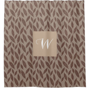 Cortina De Ducha Elegante Monograma Marrón y Crema Estampado de Hoj