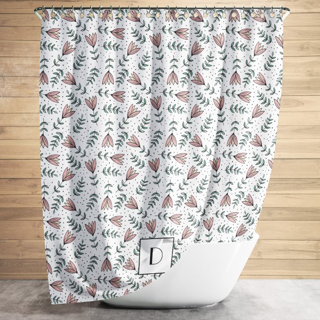 Cortina De Ducha Elegante Monograma Patrón Floral Rosa (Elegant Monogram Pink Floral Pattern Shower Curtain)
