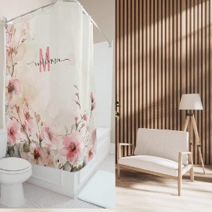 Cortina De Ducha Elegante Monograma Rosa Moderno Letra Personalizad