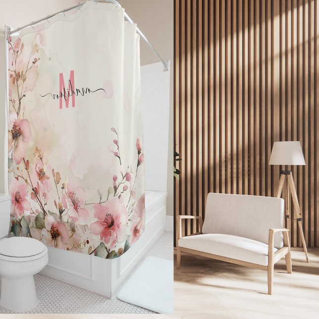 Cortina De Ducha Elegante Monograma Rosa Moderno Letra Personalizad (Subido por el creador)