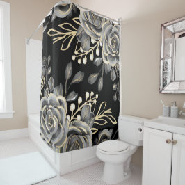 Cortina De Ducha Elegante Moody Gray Floral Oro color de agua negro