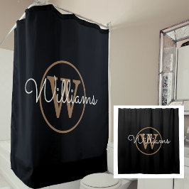 Cortina De Ducha Elegante nombre de guión de monograma de oro negro