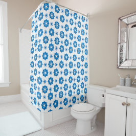 Cortina De Ducha Elegante Patrón Geométrico Floral Azul Y Blanco
