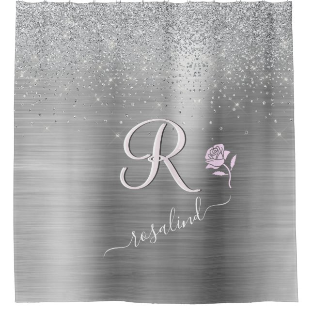 Cortina De Ducha Elegante Personalizado Gris Sparkle Monograma Rosa (Anverso)