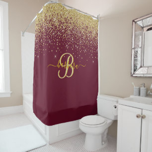 Cortina De Ducha Elegante Personalizado Monograma Red Gold Sparkle