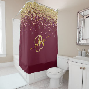 Cortina De Ducha Elegante Personalizado Monograma Red Gold Sparkle