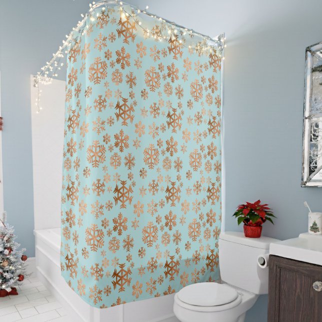 Cortina De Ducha Elegante Robin Egg Blue Festive Copper Snowflakes (Elegant copper snowflake on a robin egg blue shower curtain )