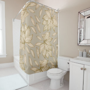 Cortina De Ducha Elegante Taupe Gold Purpurina Floral Line Art