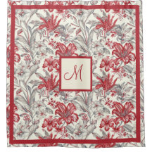 Elegante tela vintage de Jouy gris y rojo profundo