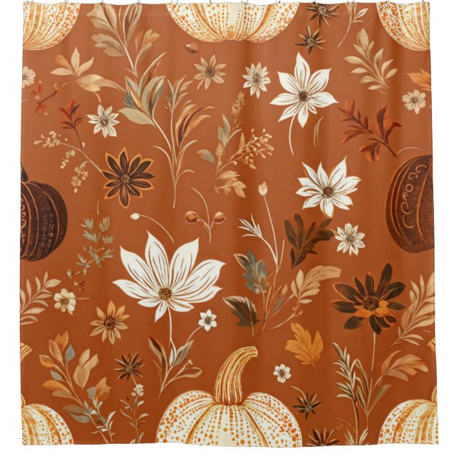 Cortina De Ducha Elegante Terra Cota Pumpkin Autumn Floral Pattern (Anverso)