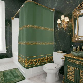 Cortina De Ducha Elegante Verde y Dorado