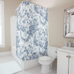 Cortina De Ducha Elegante Vintage francés grabado en toile floral-a<br><div class="desc">Elegante y ornamentado patrón vintage azul y blanco toile de jouy con flores exóticas, viñas y follaje entrelazados con guirnaldas y canastos de rosas. Este patrón se adaptó a partir de un fragmento textil francés histórico aproximadamente en 1910 en la colección Smithsonian. El patrón es de alta resolución pero no...</div>