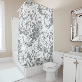 Cortina De Ducha Elegante Vintage Francés Grabado Floral Toile-Gris