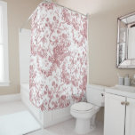Cortina De Ducha Elegante Vintage Francés Grabado Floral Toile-Rosa<br><div class="desc">Elegante y adornado patrón rosa y blanco vintage de jouy con flores exóticas, viñas y follaje entrelazados con guirnaldas y canastos de rosas. Este patrón se adaptó a partir de un fragmento textil francés histórico aproximadamente en 1910 en la colección Smithsonian. El patrón es de alta resolución pero no se...</div>