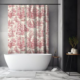Cortina De Ducha Elegante Vintage Rojo Toile de Jouy Francés