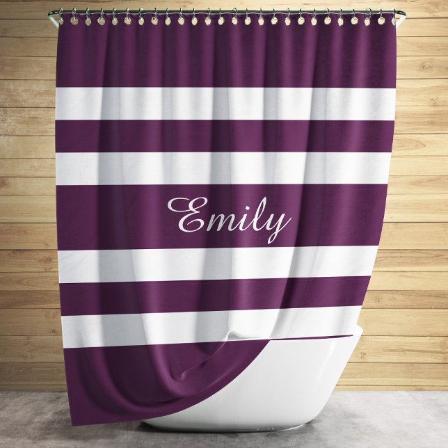 Cortina De Ducha Elegante y personalizado blanco púrpura a rayas (Modern Purple Striped Pattern Name Shower Curtain)