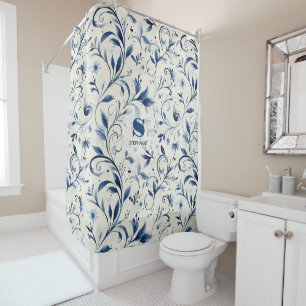 Cortina De Ducha Elegantes hojas de paisley azul - fondo blanco (2)