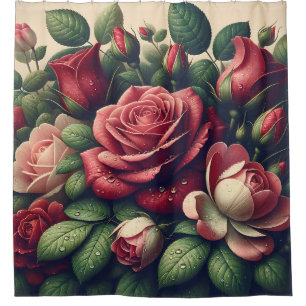 Cortina De Ducha "Elegantes Rosas y tulipanes con gotas de lluvia"