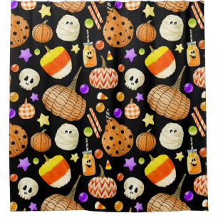 Cortina De Ducha Elementos de Halloween: calabazas, calavera, patró