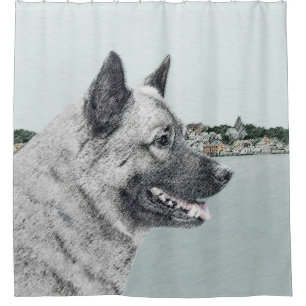 Cortina De Ducha Elkhound noruego en pintura de aldea - Arte de per