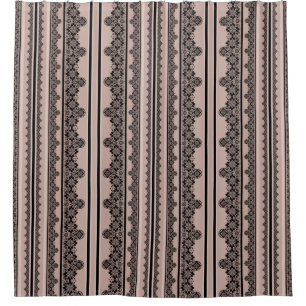 Cortina De Ducha encaje negro, calado, fondo marrón, beige, bla