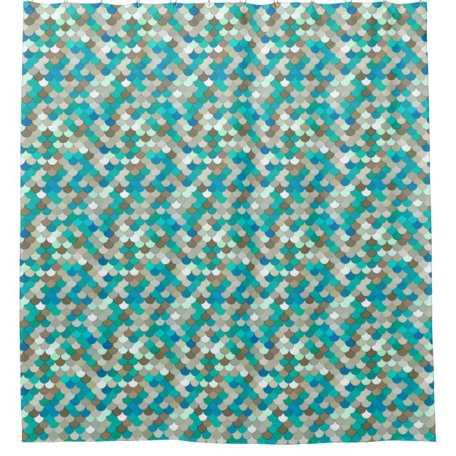 Cortina De Ducha Escala de Sirenas, Turquesa, Aqua, Taupe y Crema (Anverso)