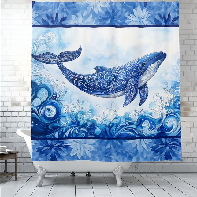 Cortina De Ducha Escarcha Azul del Espíritu del Océano (Ocean Spirit Blue Frost shower curtain featuring a blue whale illustration.  Wildlife, nature)