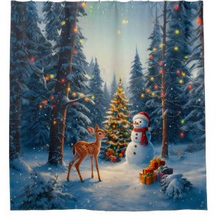 Cortina De Ducha Escena De Árbol De Navidad Cute Deer Fawn Snowman
