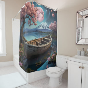 Cortina De Ducha Escena de barcos japoneses en un hermoso baño de l