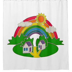 Cortina De Ducha Escena rural personalizado con arcoiris y casa de 