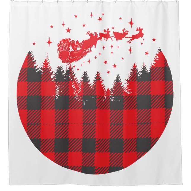 Cortina De Ducha Escena Santa y Sleigh de Buffalo Plaid (Anverso)